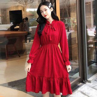 Bow-accent Dotted A-line Medium Long Dress