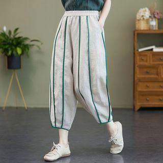 Contrast Trim High Waist Linen Harem Pants