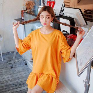 Elbow-sleeve Ruffled T-shirt Dress