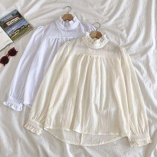 Plain Ruffled-trim Long-sleeve Blouse
