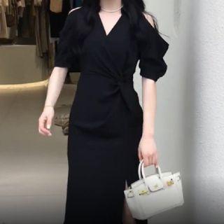 Puff-sleeve Cold-shoulder Midi Bodycon Dress