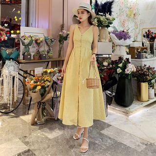Sleeveless Plaid Single-breasted A-line Dress
