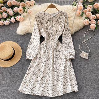 Lapel Floral Long-sleeve A-line Dress