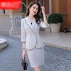3/4-sleeve Double-breasted Blazer / Mini Fitted Skirt / Dress Pants / Tank Top / Set