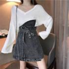 Set: Long-sleeve V-neck Top + High-waist Irregular Mini A-line Denim Skirt