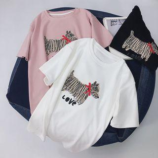 Short-sleeve Dog Applique T-shirt