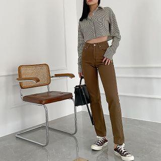 High-waist Plain Cargo Straight-cut Jeans