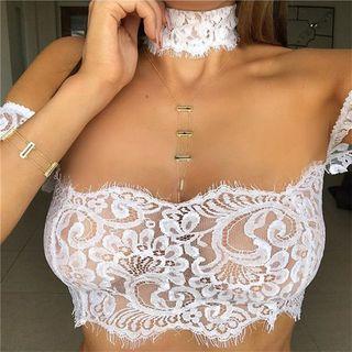 Lace Off Shoulder Short Sleeve Cropped Top