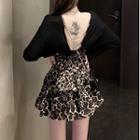 Open-back Plain Long-sleeve Top / High-waist Ruffle Leopard Printed Mini Skirt