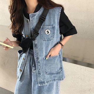Sleeveless Embroidered Denim Vest / High-waist Denim Skirt