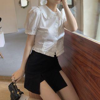 Puff-sleeve Ruffle Shirt / Front-slit Mini A-line Skirt