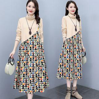 Long-sleeve Mock-neck Triangle Print Midi Shift Dress