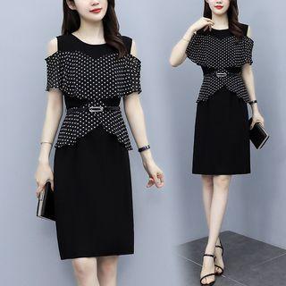 Dot Pattern Panel Cold-shoulder Dress