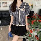Puff-sleeve Collar Patterned Button-up Top