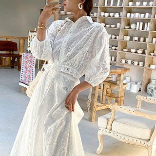 Set: Elbow-sleeve Eyelet Lace Shirt + Midi A-line Skirt