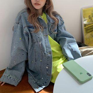 Paint Splatter Washed Denim Jacket Blue - One Size
