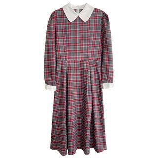 Long-sleeve Peter Pan Collar Plaid Midi Dress Plaid - One Size