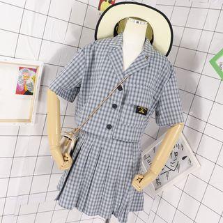 Set: Elbow-sleeve Plaid Shirt + A-line Mini Pleated Skirt