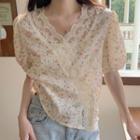Puff-sleeve V-neck Floral Blouse Almond - One Size