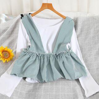 Set: Long-sleeve Plain T-shirt + Striped Vest