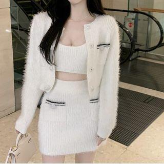 Cropped Cardigan / Knit Crop Tank Top / Mini Pencil Skirt