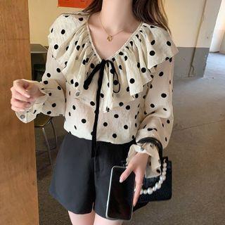 Long-sleeve V-neck Dotted Ruffle Trim Loose Fit Blouse