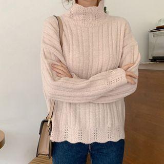 High-neck Cable-knit Trim Sweater Beige - One Size