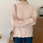 High-neck Cable-knit Trim Sweater Beige - One Size