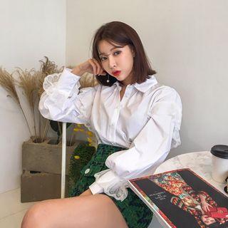 Set: Lace-trim Blouse + Tweed Mini Skirt