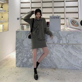 Set: Collared Cardigan + Mini Knit Skirt