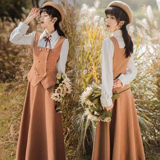 Set: Plain Shirt + Double-breasted Vest + Maxi A-line Skirt