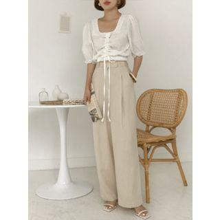Square-neck Drawstring-detail Crop Top