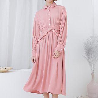 Plain Long Sleeve Midi Shirt Dress