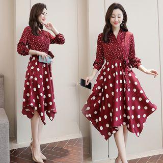 Dotted Irregular Hem Long-sleeve A-line Dress