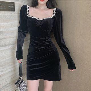 Long-sleeve Rhinestone Trim Velvet Mini Dress
