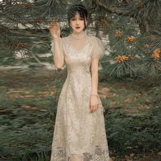 Puff-sleeve Mesh Midi Dress