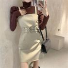 Long-sleeve Turtleneck Top / Spaghetti Strap Double-belt Mini Sheath Dress