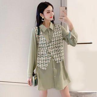 Set: Plaid Vest + Long-sleeve Shirt Dress