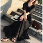 Elbow-sleeve V-neck Chiffon Maxi Dress
