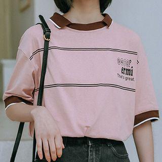 Collared Lettering Elbow-sleeve T-shirt