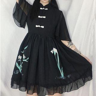 Elbow-sleeve Frog Buttoned A-line Dress