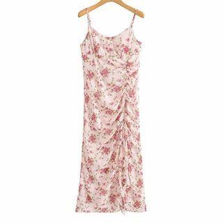 Spaghetti Strap Floral Print Ruched Midi Sheath Dress