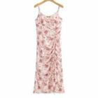 Spaghetti Strap Floral Print Ruched Midi Sheath Dress