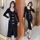Long-sleeve Rhinestone Midi Sheath Dress