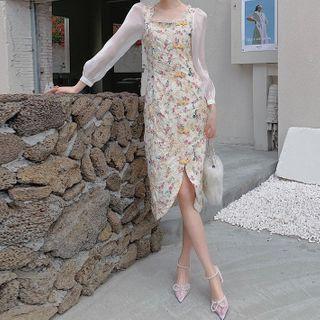 Long-sleeve Floral Print Frill Trim Sheath Dress