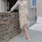 Long-sleeve Floral Print Frill Trim Sheath Dress