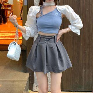 Asymmetrical Camisole Top / Mini A-line Skirt / Bell-sleeve Crop Top