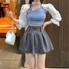 Asymmetrical Camisole Top / Mini A-line Skirt / Bell-sleeve Crop Top