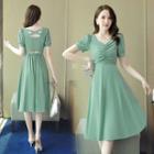 Puff Sleeve V-neck Plain Ruched A-line Dress