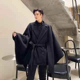 Plain Woolen Tie-waist Jacket Black - One Size